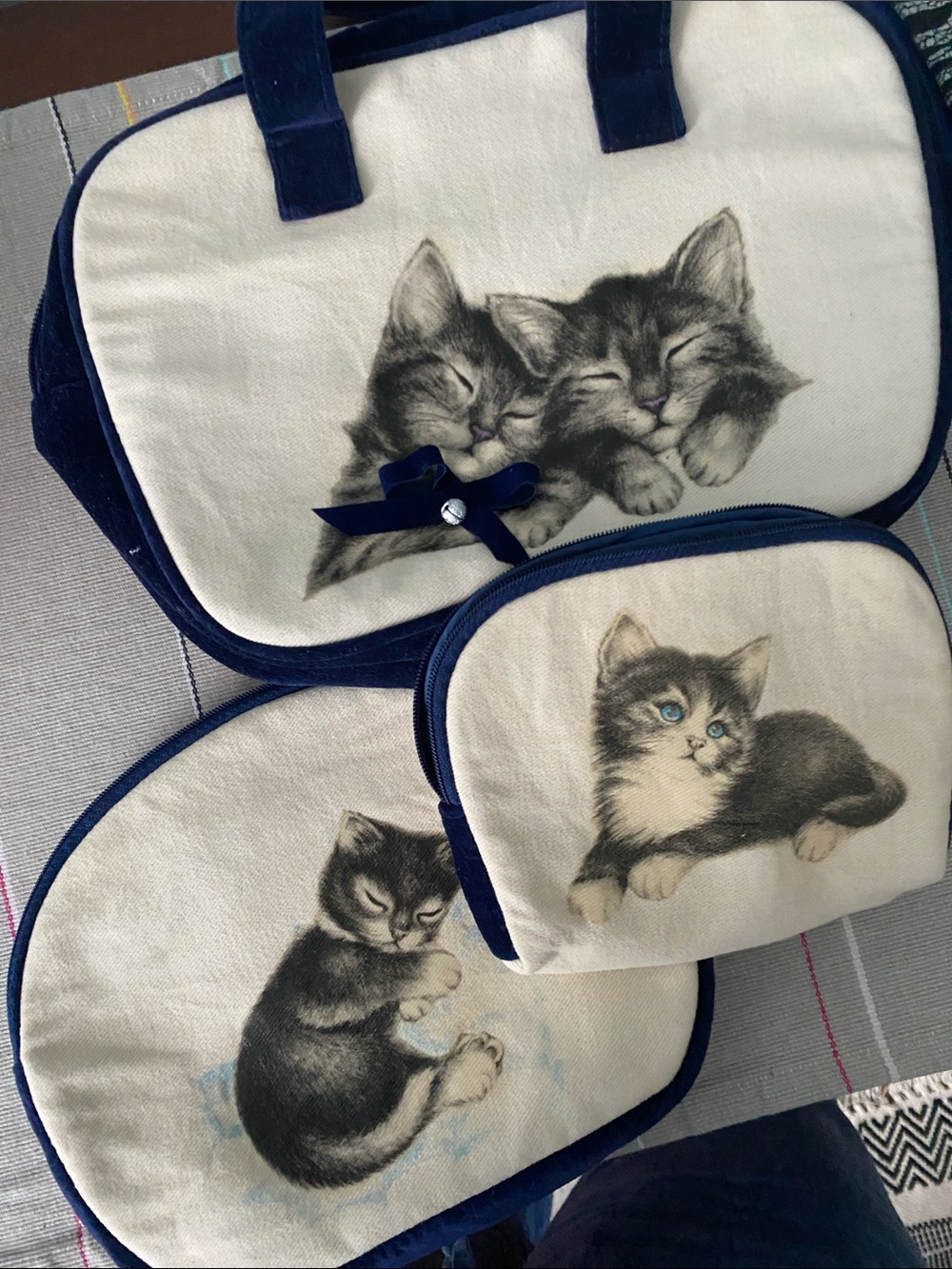 Complete Blue Velvet & Canvas Cat Kitten Print Accessory Pouch Bag Set